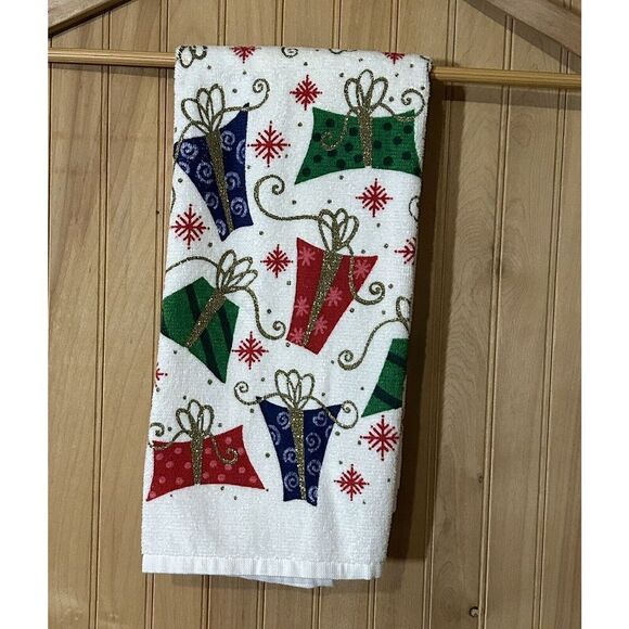 CHRISTMAS TOWEL 100% Cotton Kitchen/Hand Towels Presents Gold Glitter - Picture 1 of 4